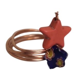 Millefiori Blue Star & Turquoise Orange Star Copper Wire Wrapped Ring